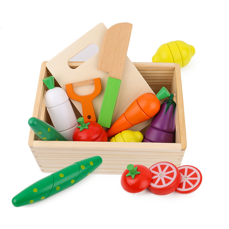 Factory wholesale children's wooden wooden box vegetable and fruit cutting music kindergarten play house kitchenware educational toys