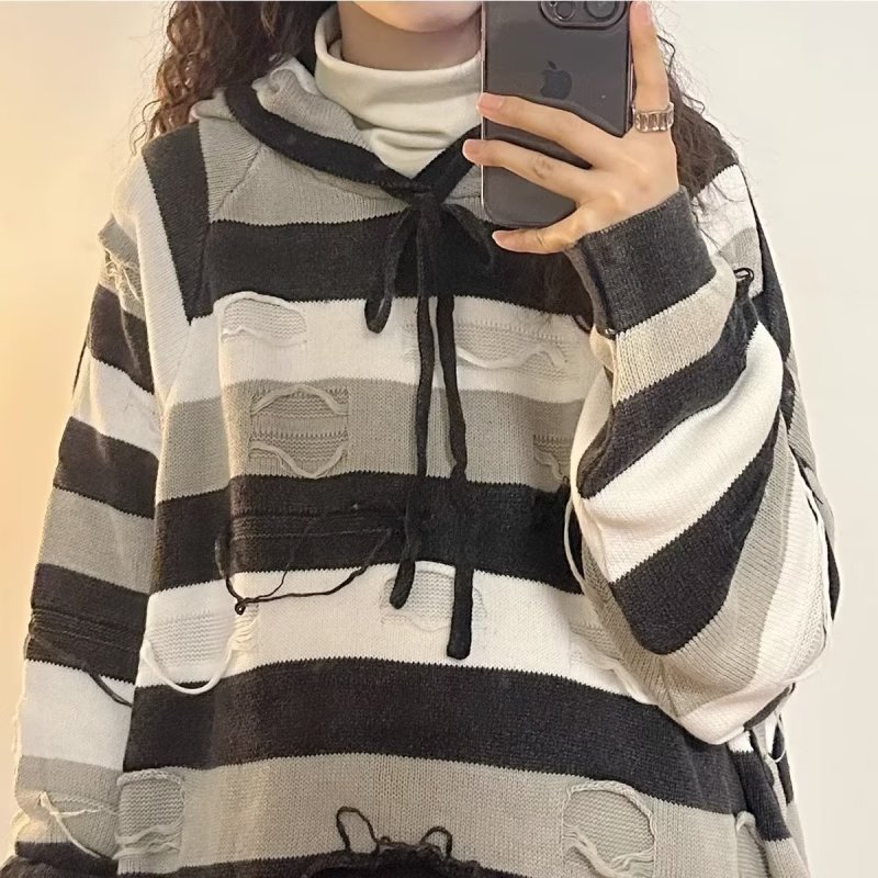 American casual pullover sweater hooded sweater trendy women's coat loose striped all-match niche sweater trendy