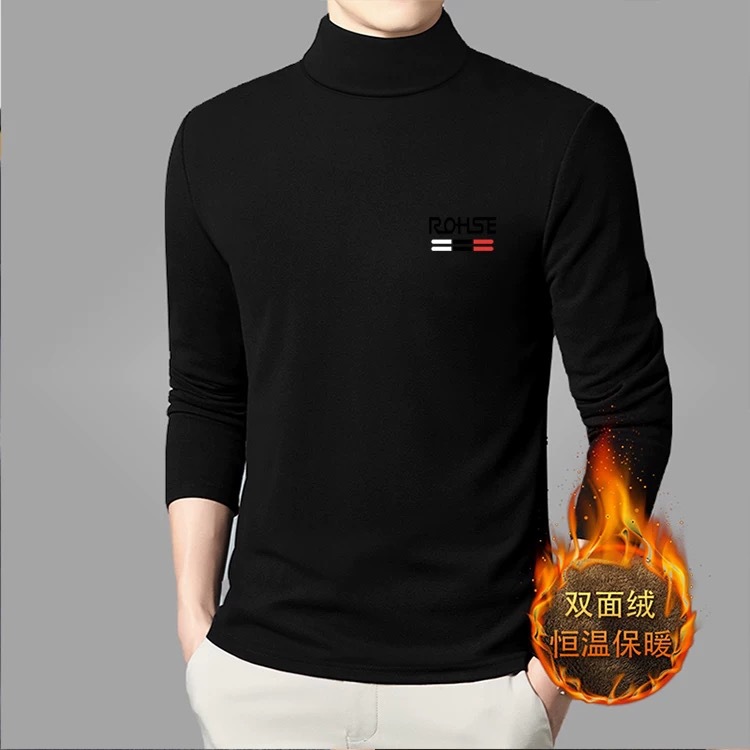Autumn and Winter Double-sided Fleece Half-high Collar Men's Long-sleeved T-shirt De Fleece Autumn Clothes Inner Middle Collar Base Shirt Warm Plus Top