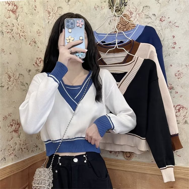Loose trendy new women's pullover lazy one-piece V-neck Street short long sleeve Harajuku sweater sweater ins