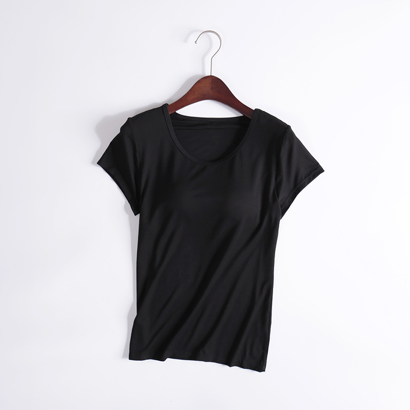 Picture of Modal T-shirt Women's Spring and Autumn Solid Color Short-sleeved Bra-free Yoga Bottoming Outer Wearing Cup All-in-one Home Clothes Inner Wearing