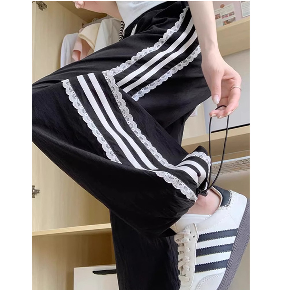 Picture of [Brocade Cotton Wrinkle] Lace Edge Wide Leg Cargo Pants Women's Summer Thin Loose High Waist Striped Casual Straight Sports