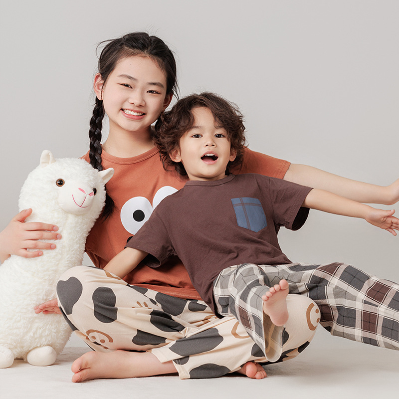 Parent-Child Pure Cotton suit Summer Children's Home Clothes Boys' and Girls' Thin Pajamas Baby's Pure Cotton Air-conditioning Clothes Children's Clothing