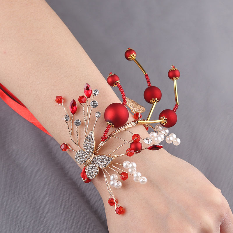 ins Wedding Ceremony Crystal Diamond Wrist Flower Bracelet Big Red Bride Butterfly Wrist Flower Bridesmaid Sister Group Bracelet