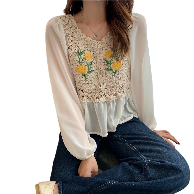 Picture of Spring and Autumn 2025 New Gentle Super Fairy Retro Embroidery Design Niche Top Chiffon Square Neck Long Sleeve Shirt for Women