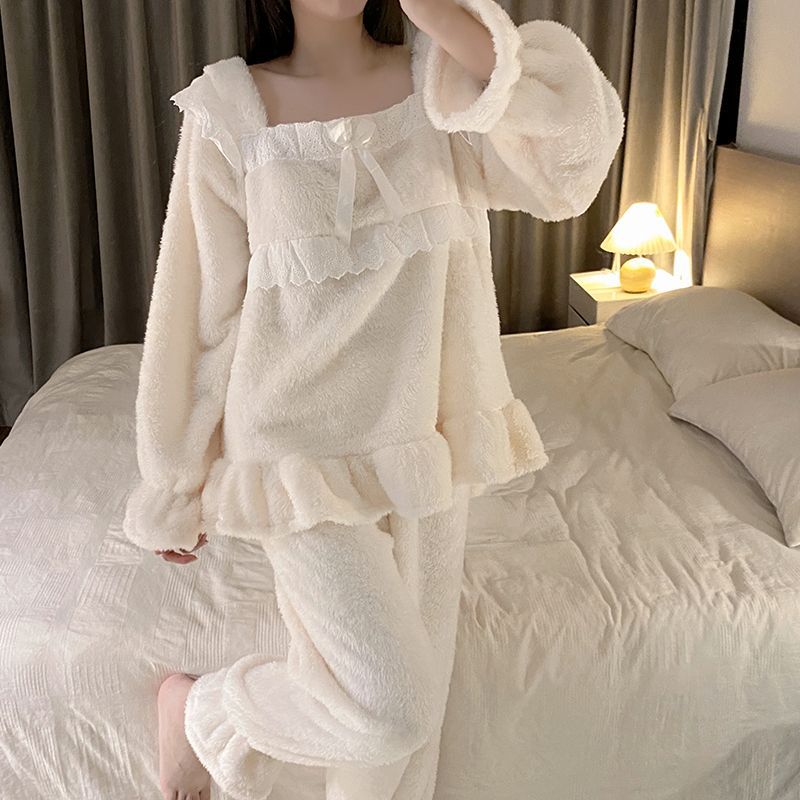 Autumn and winter thickened velvet pajamas, women's sweet princess style long-sleeved trouser suits, flannel warm loungewear