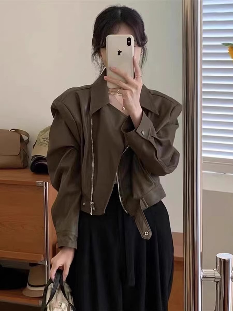 Vintage PU Leather Coat Women's 2024 Spring Short Fashionable All-match Slimming Biker Leather Short Jacket Top