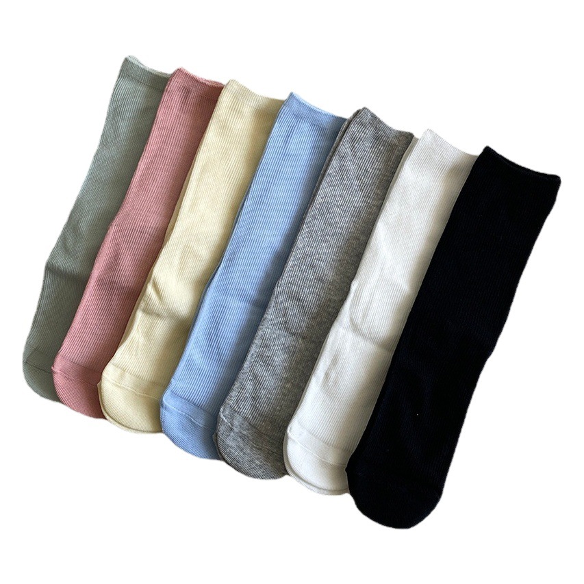 Spring and summer solid color Morandi candy color tube socks straight vertical cotton stretch thin women's socks simple pile socks
