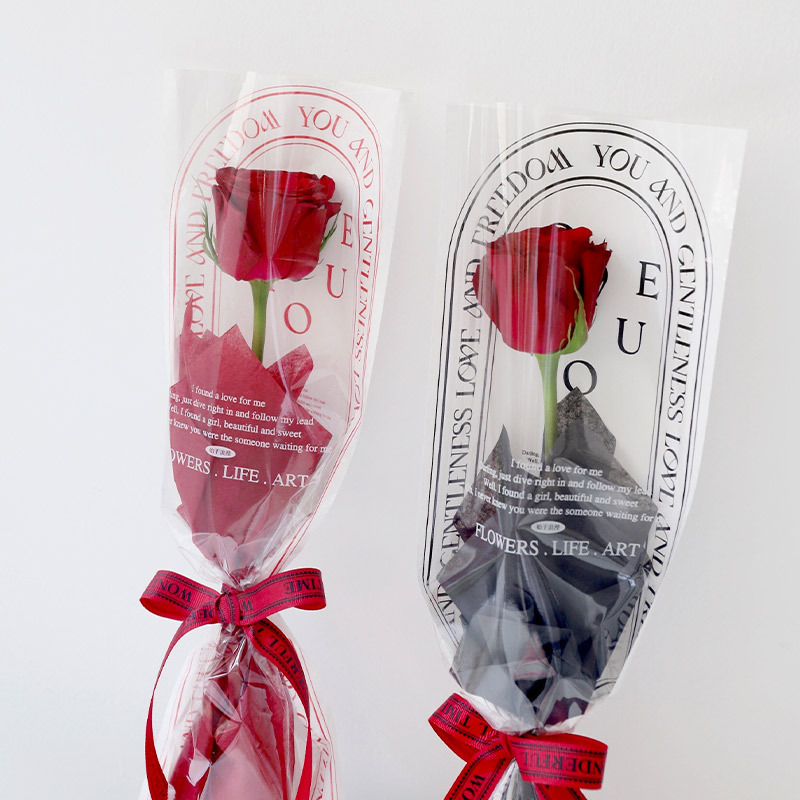Valentine's Day Flower Wrapping Paper Single Rose Gift Bouquet Bag Straight Bag Transparent English Flower Packaging Bag