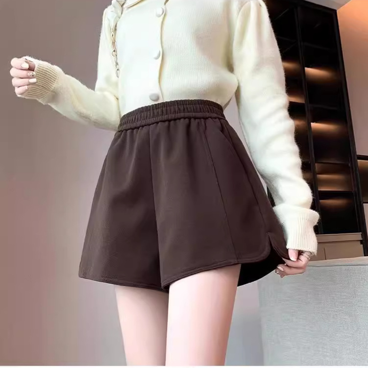 Casual Woolen Short Pants Skirt Women's 2024 Autumn and Winter New Outerwear European High Waist A- shaped Wide Leg Pants with Boots