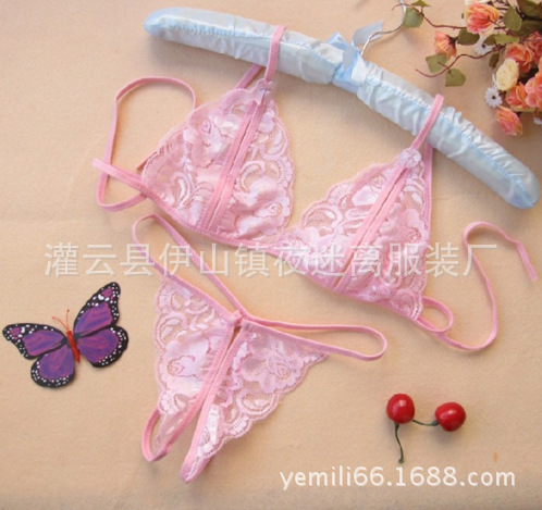 Picture of Long night sexy lace transparent open file temptation three-point female sexy underwear open crotch set wholesale 3018