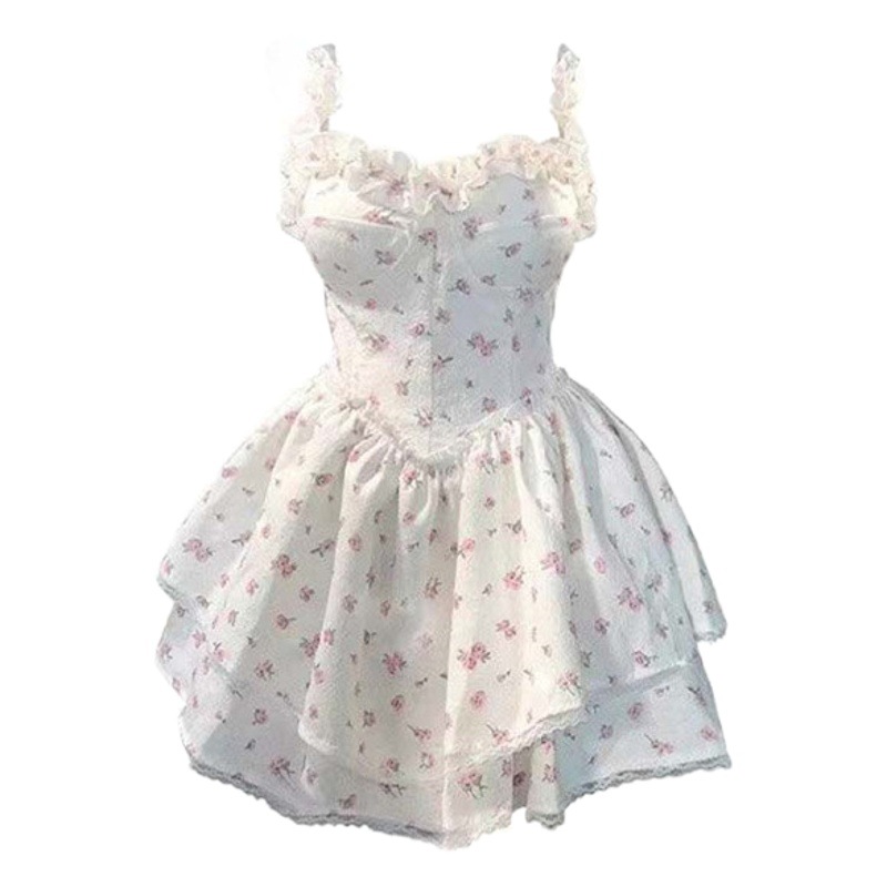 French White Green Flower Skirt Spring and Summer New Sweet Style Ins Super Fairy Pure Desire Sexy Suspender Skirt Dress
