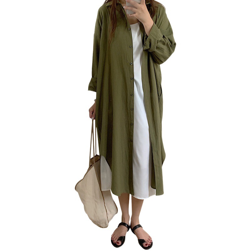 Real Shot Korean chic Lazy Style Simple Basic Comfortable Long Over-the-Knee Shirt Coat Coat Shirt for Women