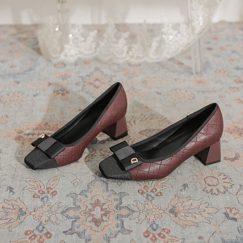 Tweed Style Women's Shoes Thick Heel 2025 Early Spring New Style French Style Fashionable Work Clothing Shallow Mouth Splicing Work High Heels