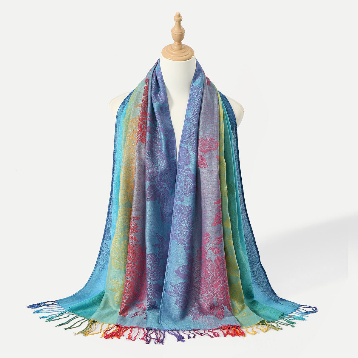 Picture of Amazon Same Style Ethnic Style Color Cashew Embroidered Long Scarf Rainbow Gradient Tassel Scarf Shawl Women's Bag Turban