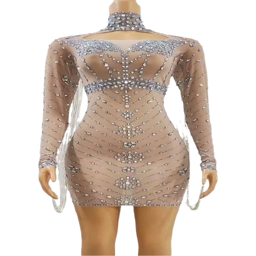 Independent station Foreign Trade women's luxury rhinestone tight dress autumn new long sleeve silver chain tassel design dress