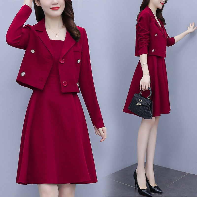 suit Women's plus size Small Suit Sling Two-piece Suit Dress Spring and Autumn New Style Chubby Sister Elegant Slimming dress