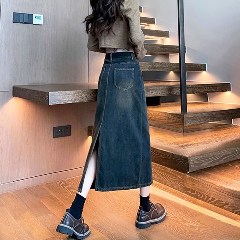Retro high waist A- line skirt for women Spring and Autumn Denim new slimming versatile mid-length split hip skirt