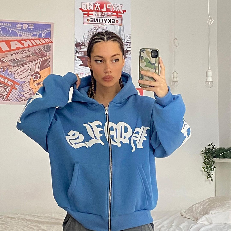 Picture of Spot 2023 Cross-border AliExpress Women's Street Loose Hoodie Foam Printed Zipper European and American Hoodie