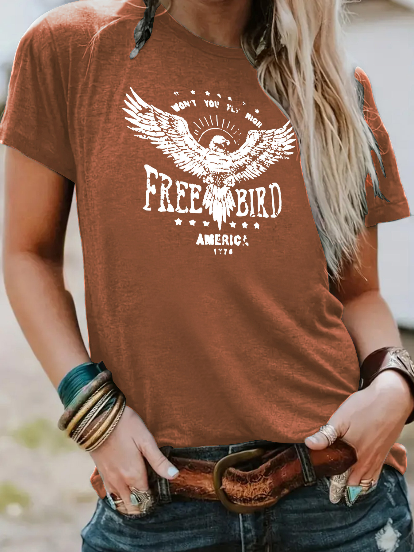 Picture of European and American independent station cross-border temperament T-shirt female in stock FREE BIRD eagle printing summer new short sleeve wholesale
