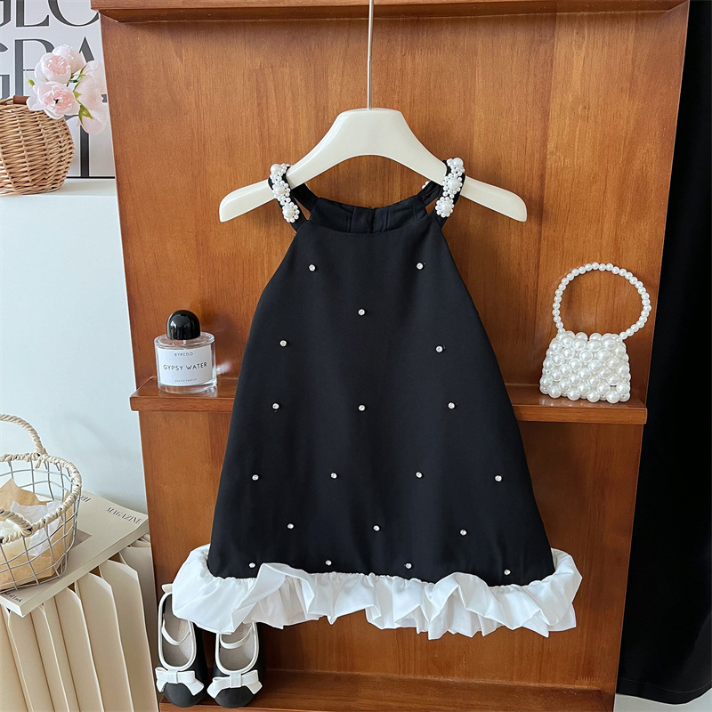 Girls Dress Summer 2025 New Children's Summer Dress Fashionable Princess Dress Baby Summer Black Suspender Skirt