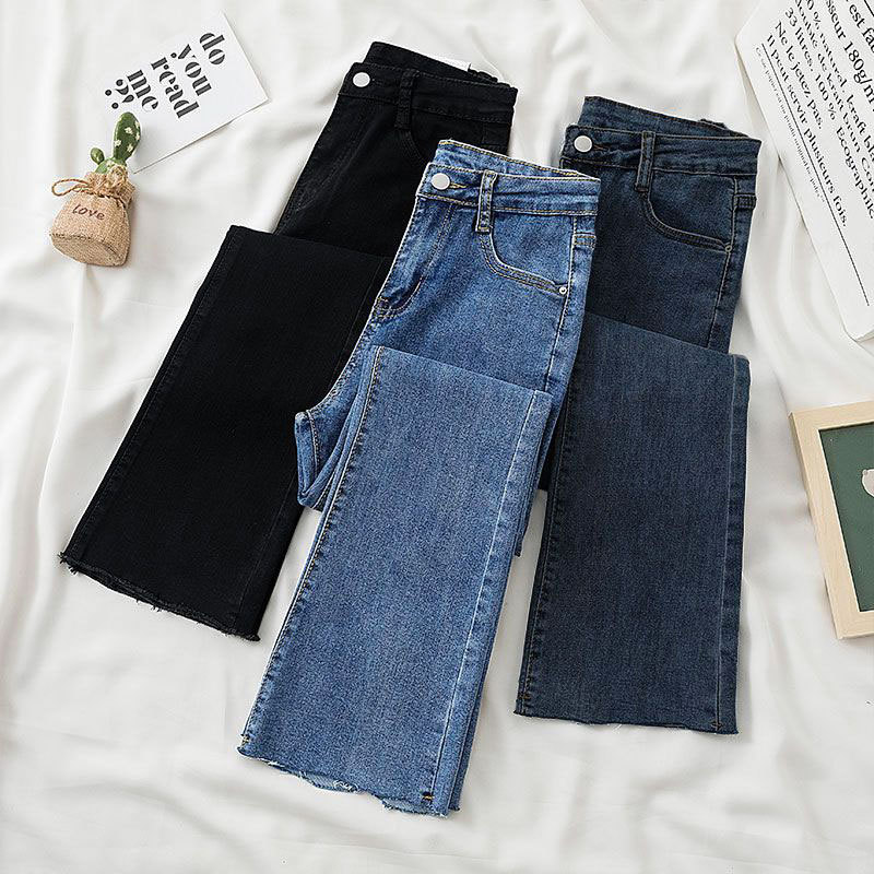 Autumn and Winter high waist slimming stretch small straight cropped loose thick fleece-lined jeans women's raw edge pipe pants