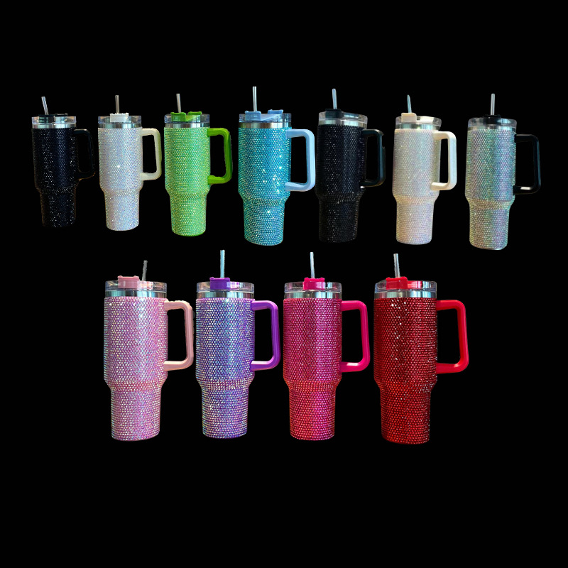 Diamond-encrusted ice Cup Thermos Stainless Steel Cup diamond color 40oz large capacity suction pipe Cup vacuum Car Cup