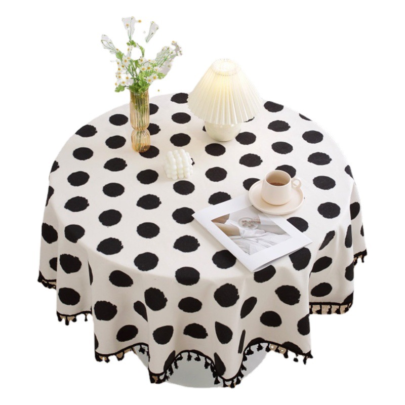 Le Xuan Show Cotton and Linen Small Round Table Cloth Ins Style Black and White Simple Thickened Cotton and Linen Table Cloth Bedside Table Cover Cloth