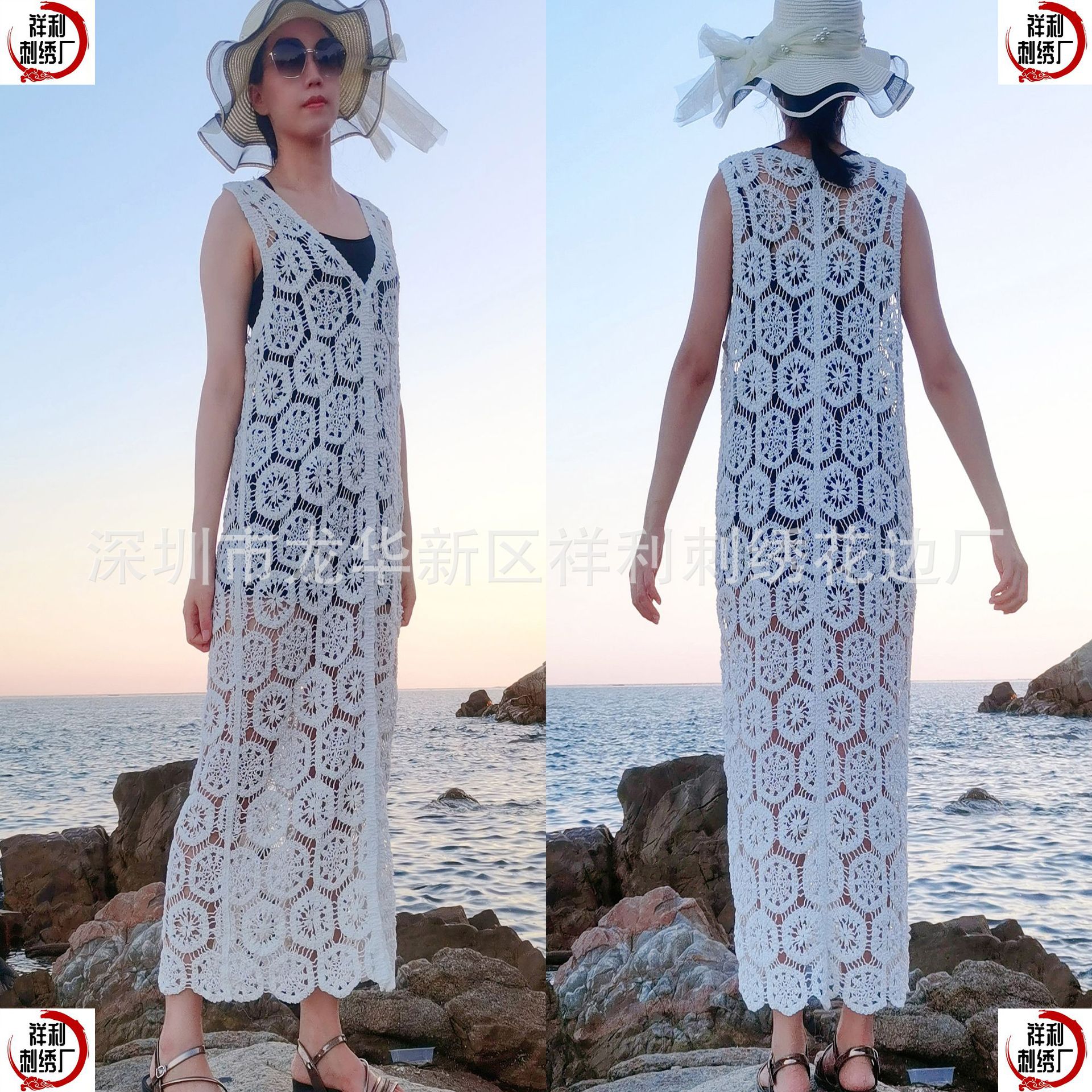 Picture of European and American style women's knitted vest long-sleeved cardigan dress shawl women's heavy work crocheted hollow retro long beach shirt