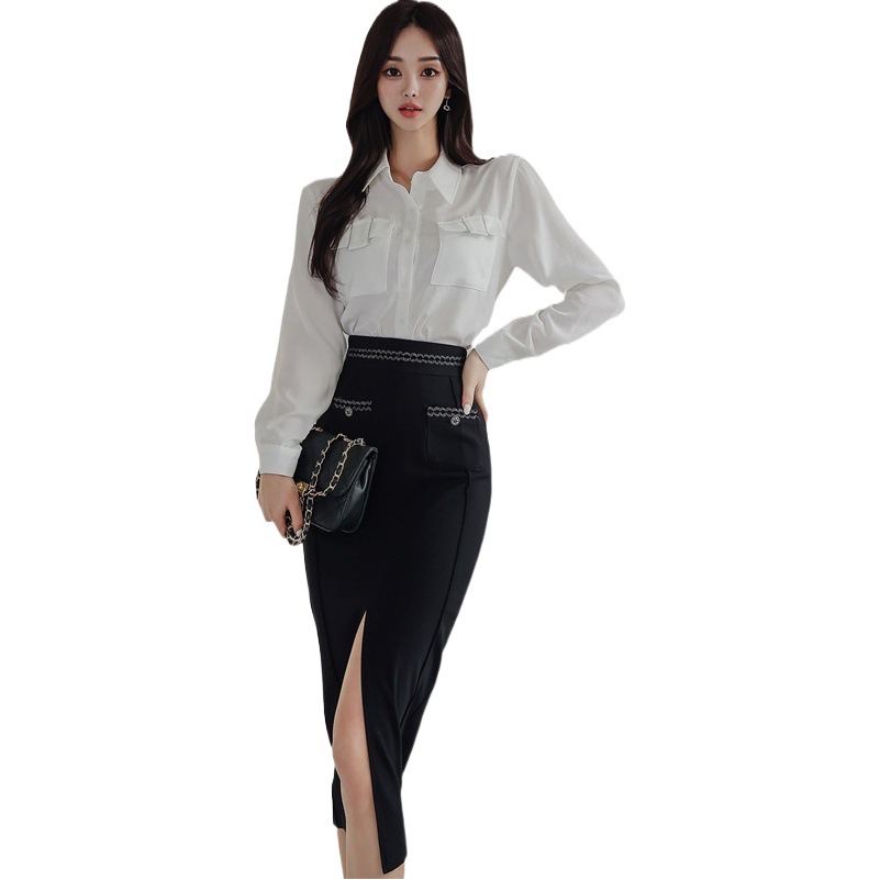 Foreign trade women's clothing new two-piece set 2023 Winter Korean style elegant shirt top fashion waist split hip skirt