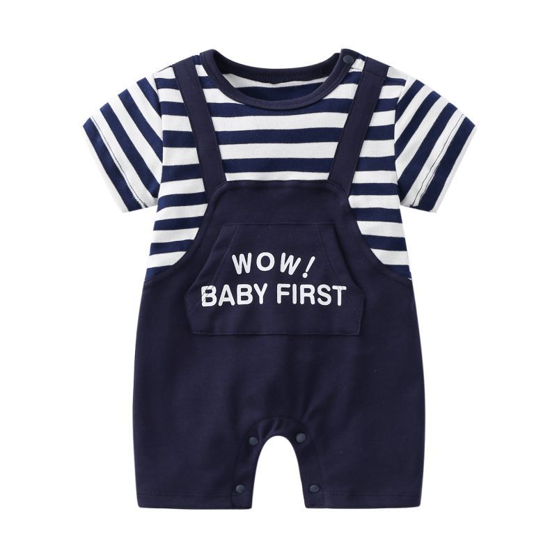 Picture of Newborn Gentleman One-Year-Old Dress Baby Short-Sleeved Hatshirt College Style Baby Summer One-Body Clothes Thin Climbing Suit
