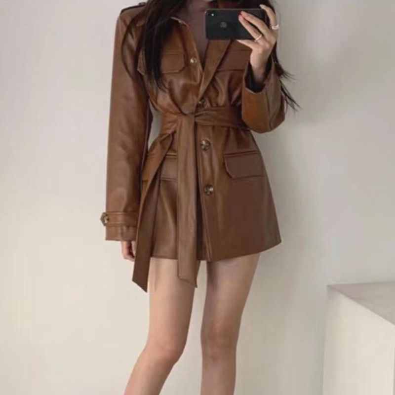 Picture of Korean Chic Niche Versatile Waist Slimming Look Mid-Length Handsome Motorcycle Leather Jacket Women's Autumn and Winter Long-Sleeved Top