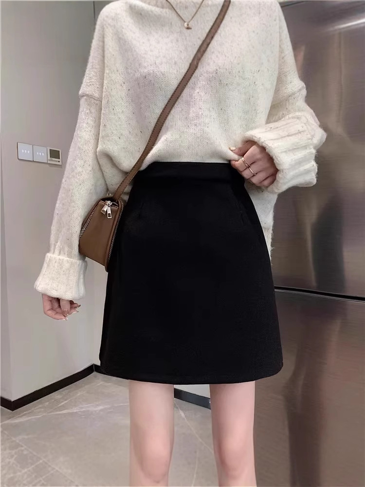 Black Hip Skirt New Autumn and Winter Skirt Women's High Waist A- shaped 2024 plus size Slim Look Small Wool