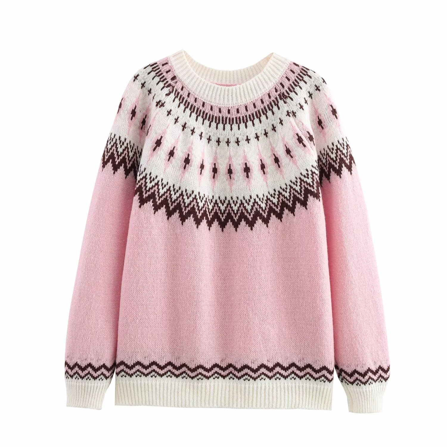 ZA cross-border women's clothing wholesale European and American style new round neck contrast color age-reducing loose pullover sweater soft waxy sweater
