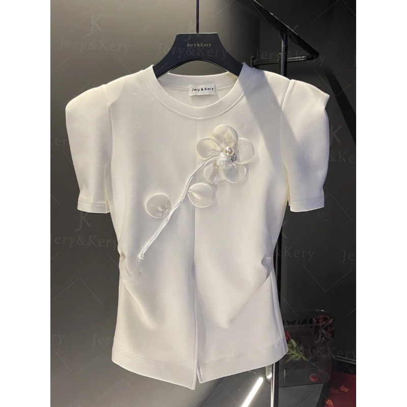 European-made Beaded Three-dimensional Flower Round Neck Short-sleeved T-shirt 2024 New Design Sense Waist Split Elegant Ins Top