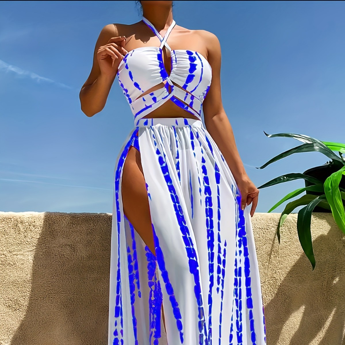 European and American 2025 new hollow neck lace-up tube top swimsuit women's long skirt split three-piece bikini swimsuit