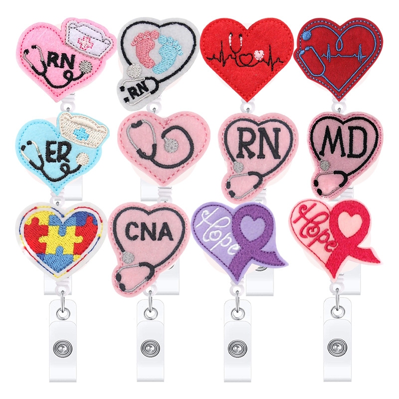 Cartoon Felt Love Stethoscope Easy Pull Buckle Cute Foot Nurse Hat Retractable Rotatable Easy Pull ID Buckle