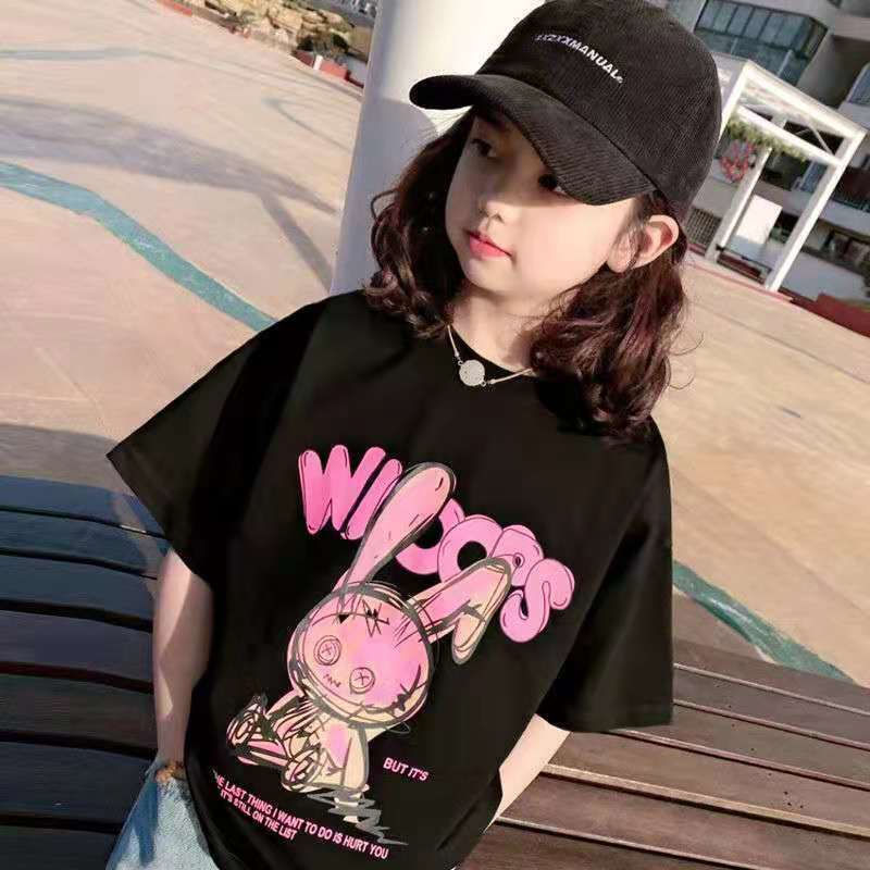 100% Cotton Mid-Big Kids Girls' Summer Short-Sleeved T-Shirt New Arrival Printed Loose Cute Korean Style New Top