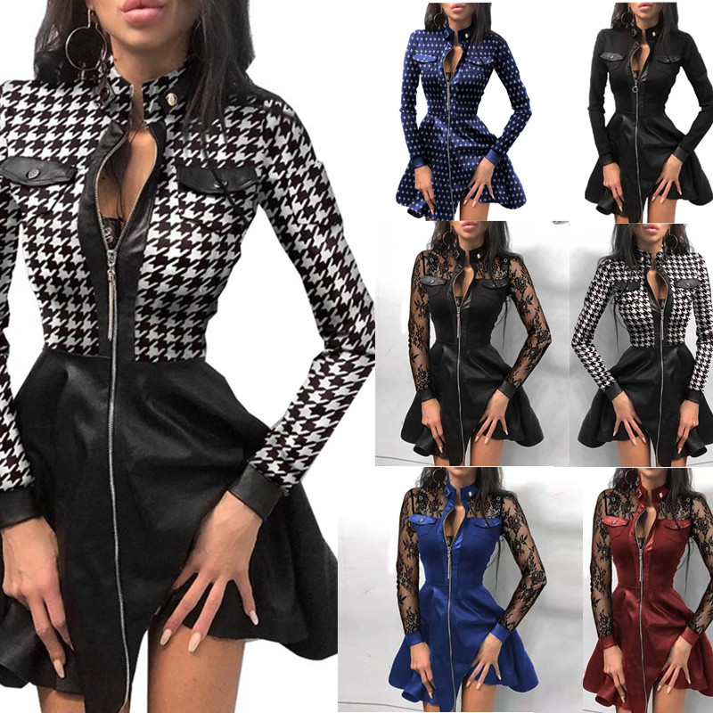 2021 independent station wish Amazon autumn and winter New Fashion PU leather stitching waist dress women