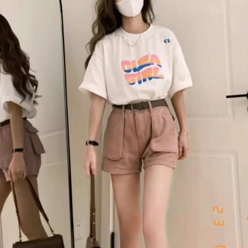 Small Pink Tooling Denim Shorts Women's 2024 New Design Hot Pants for Hot Girls Loose Slimming Wide Leg