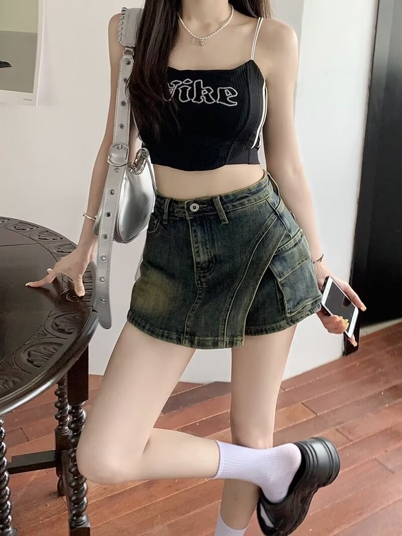 Picture of High Waist Denim Skirt Women's 2024 Summer New Anti-Glow Slimming Small A- Line Denim Shorts Skirt