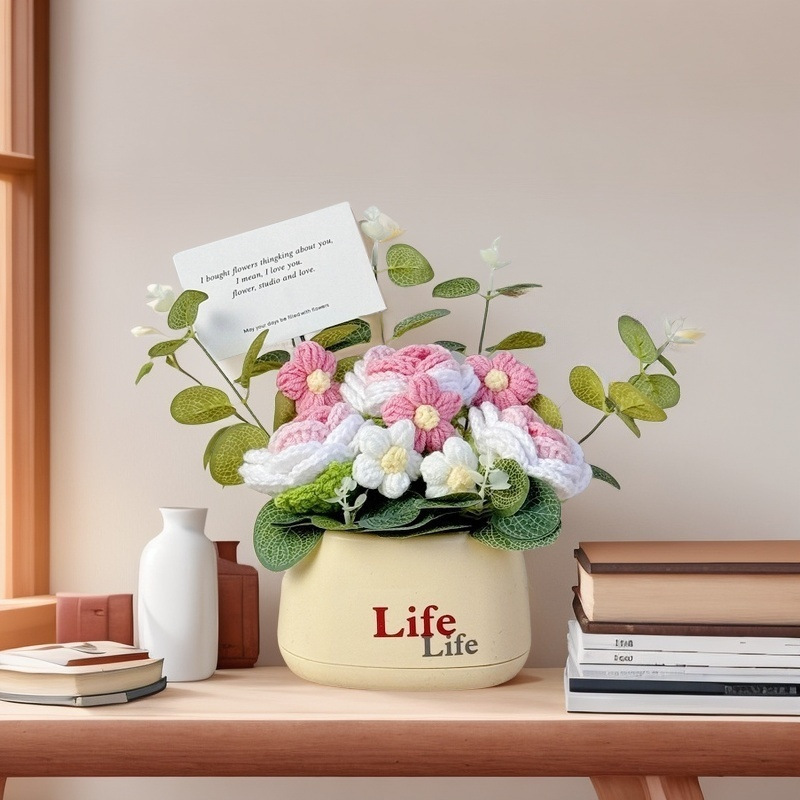 Picture of Creative bouquet knitted flowers diy material hand-woven potted finished desktop ornaments send goddess send mother