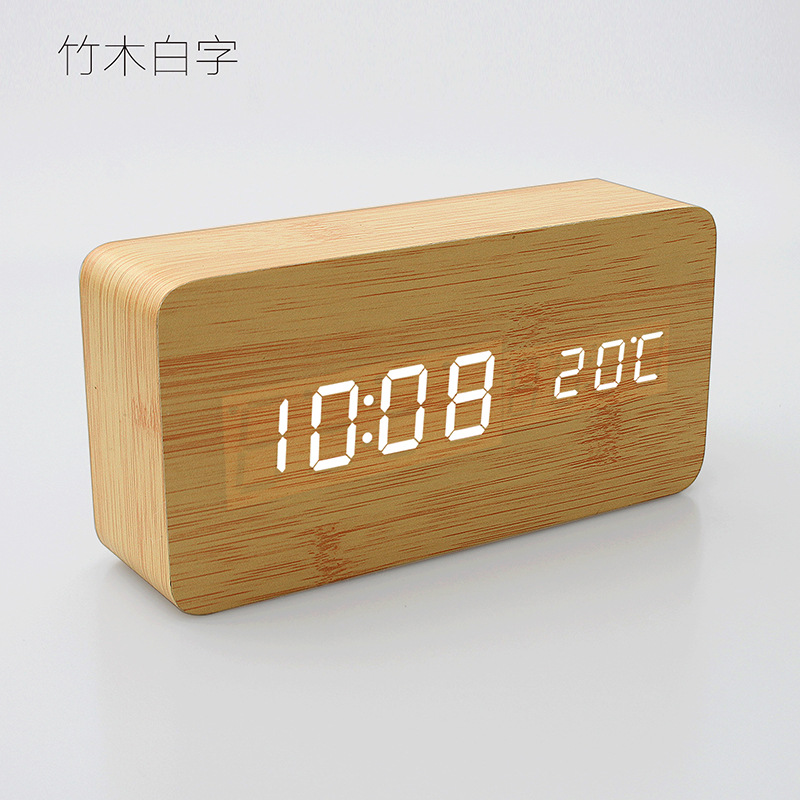 Picture of Cross-border simple LED electronic clock display multifunctional desktop wooden alarm clock student children lazy voice control desk clock