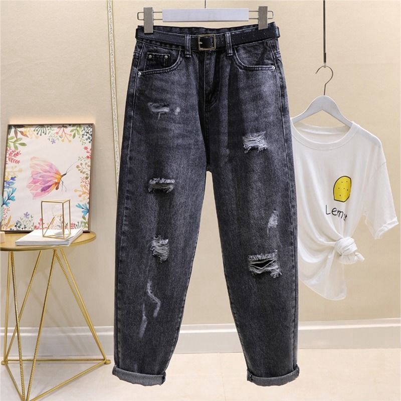 Black and Gray Jeans for Women 2020 Summer New Style Nine-Point Pants High-Waisted Straight Pants Loose and Versatile Dad Wide-Leg Pants