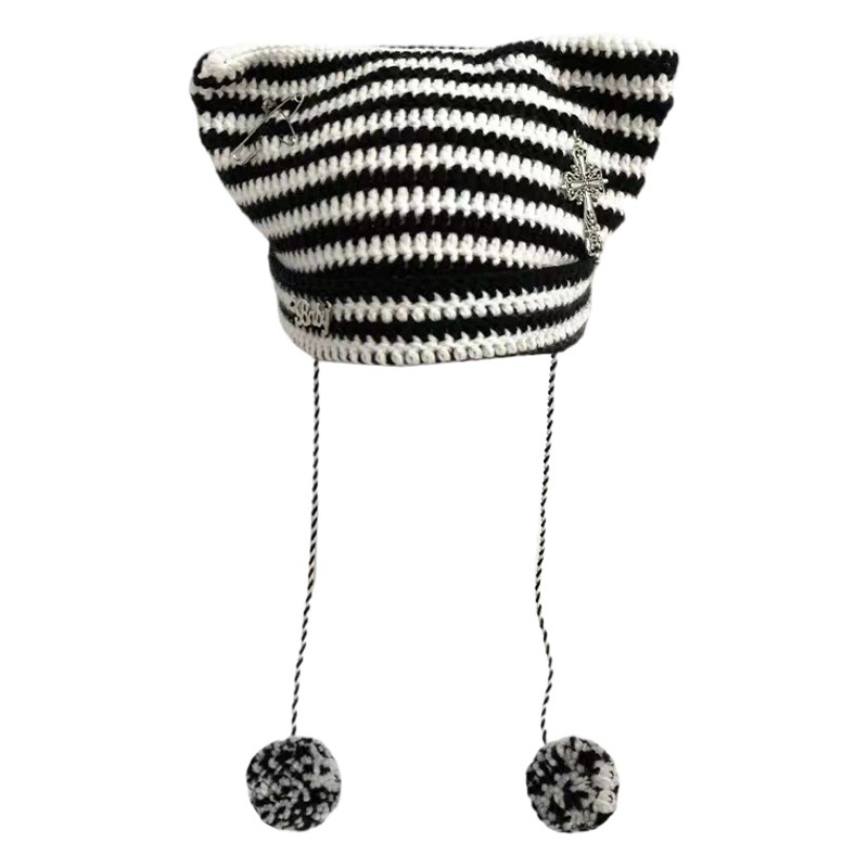 Autumn and Winter New Warm Handmade Knitted Wool Hat Cat Ear Punk Cross Ball Deviruchi Striped Pullover Hat
