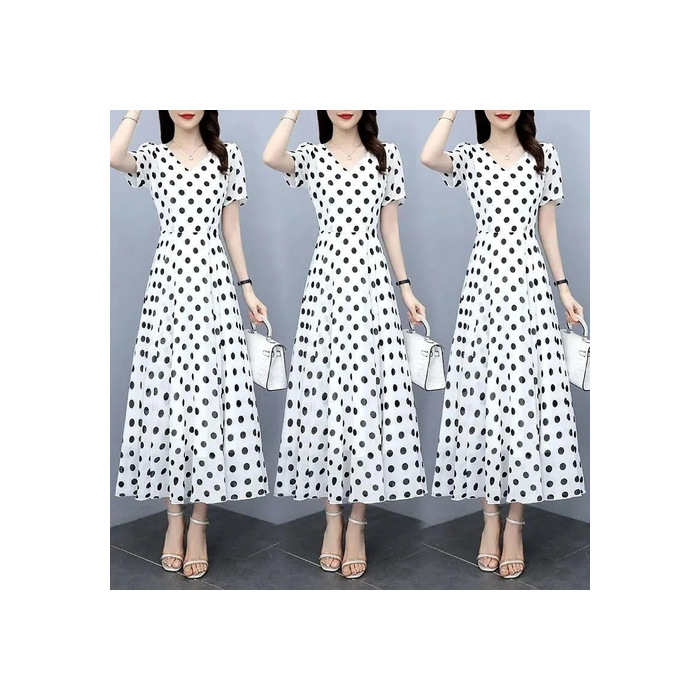 Picture of Summer 2024 New Fashionable Polka-Dot Chiffon Dress with Slim Waist and Western Style Long Over-The-Knee Long Skirt