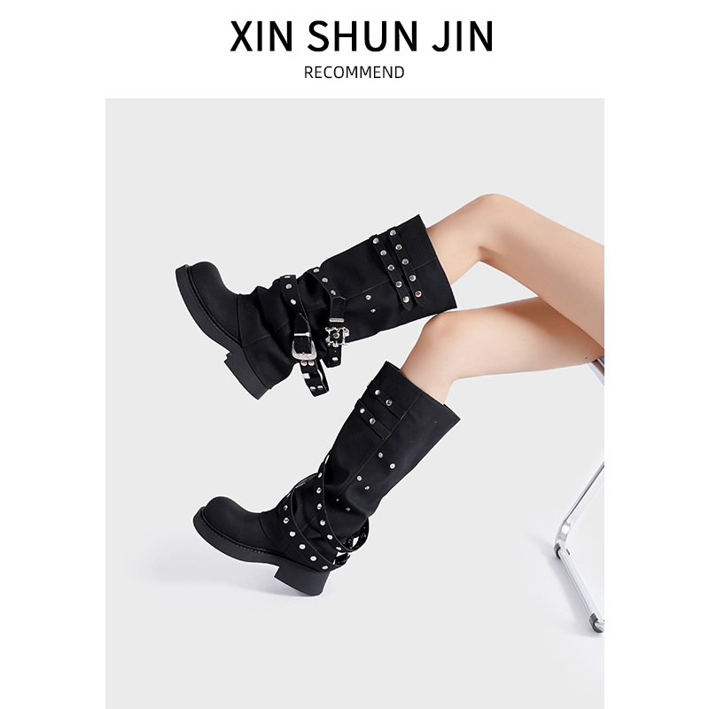 Maillard trouser boots 2024 autumn new women's retro round head niche design sense boots rivet knight boots