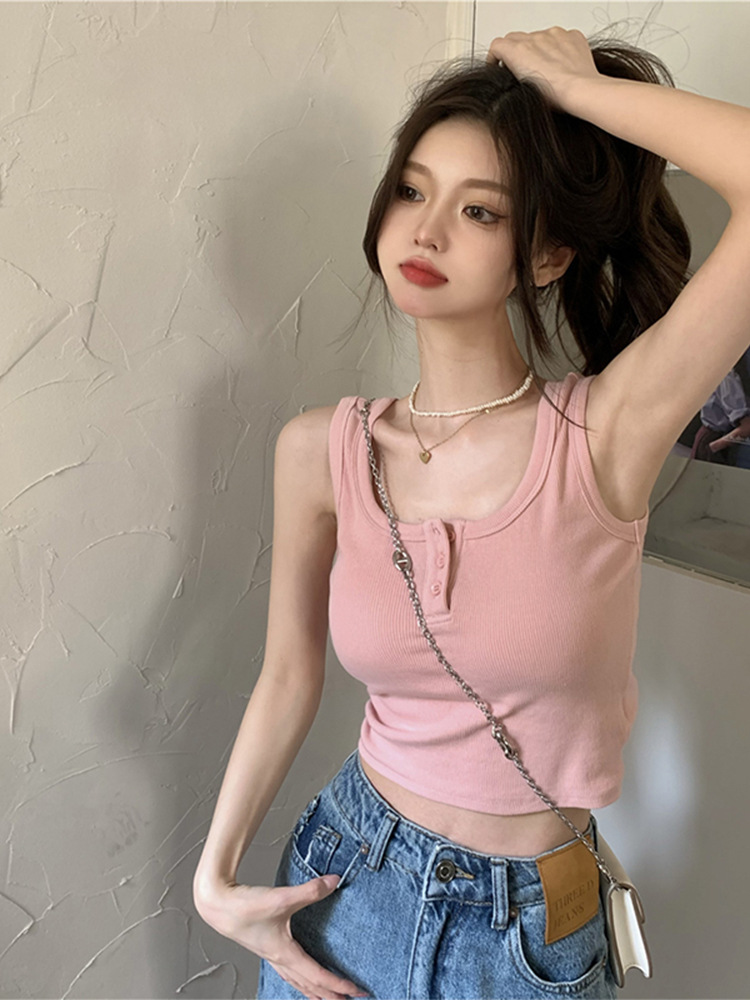 Pink Camisole Women's Inner Base 2023 Summer New Sweet and Hot Style Outer Wear Short U-Collar I-Shirt