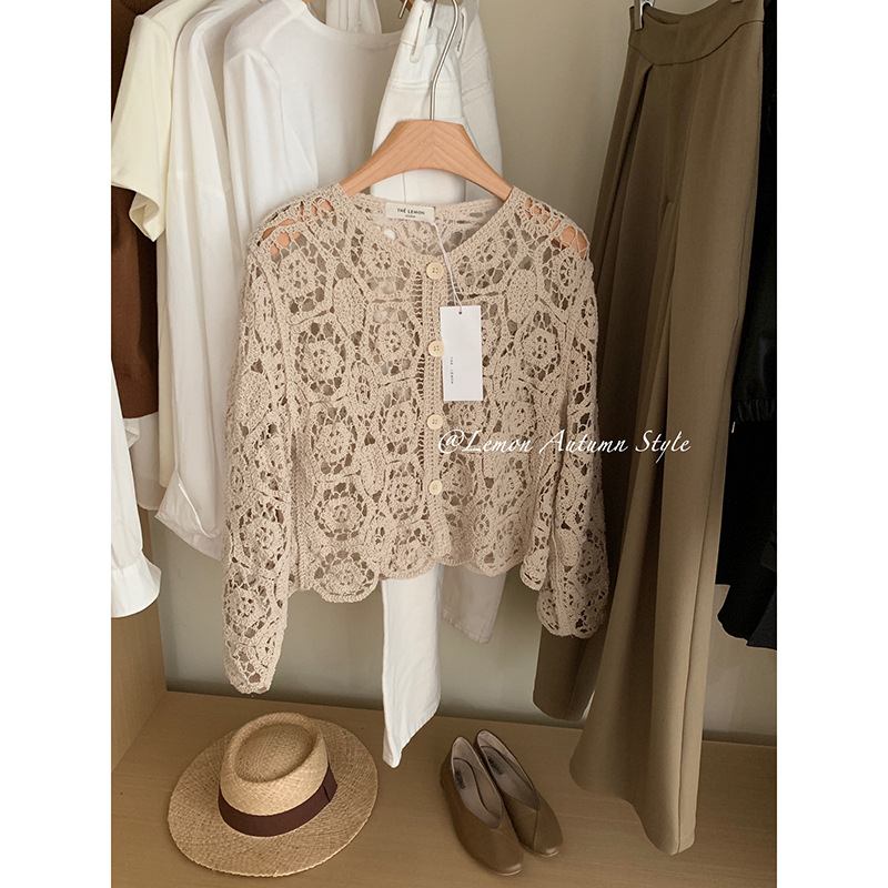 Picture of Women's long-sleeved hollow-out knitted cardigan summer wear new crocheted short chic small shirt with skirt air conditioning top
