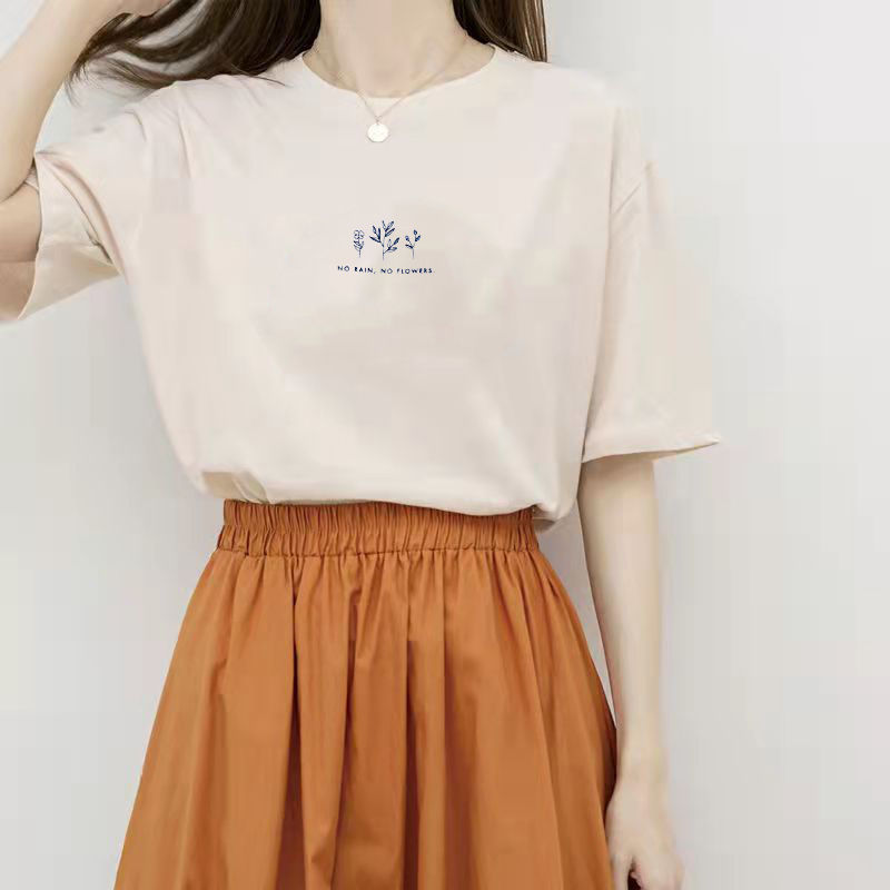 Picture of Short-sleeved Korean-style Round Neck T-shirt Women's Summer Loose Plant-printed Casual Solid Color Hot Student's Half-sleeved Top